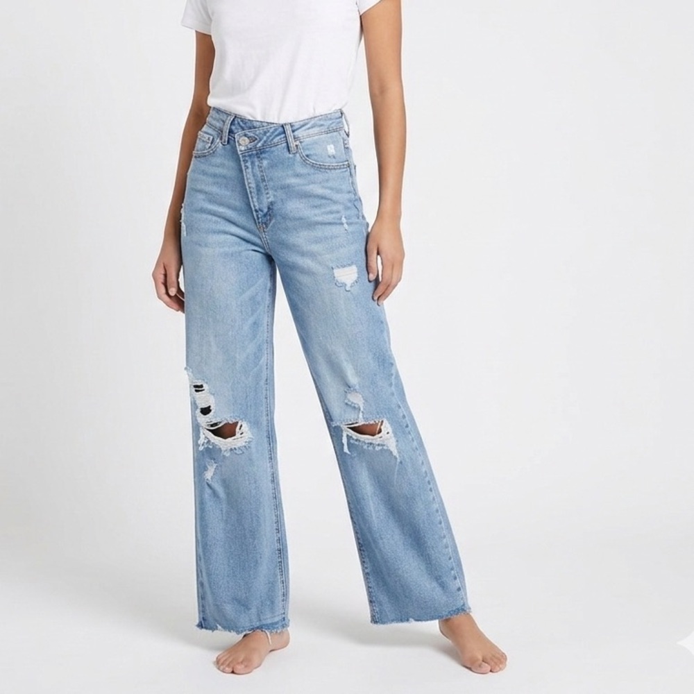 NEW Cello Denim Wide Leg Jeans SIZE 9 Inseam 28 Distressed High Waist light blue